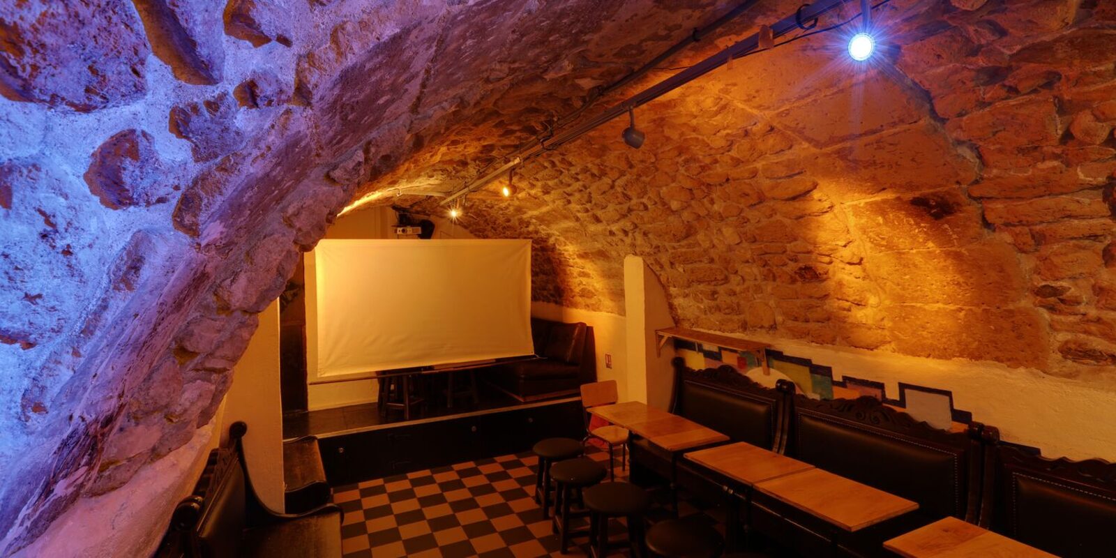 La cave voûtée avec son écran de projection
